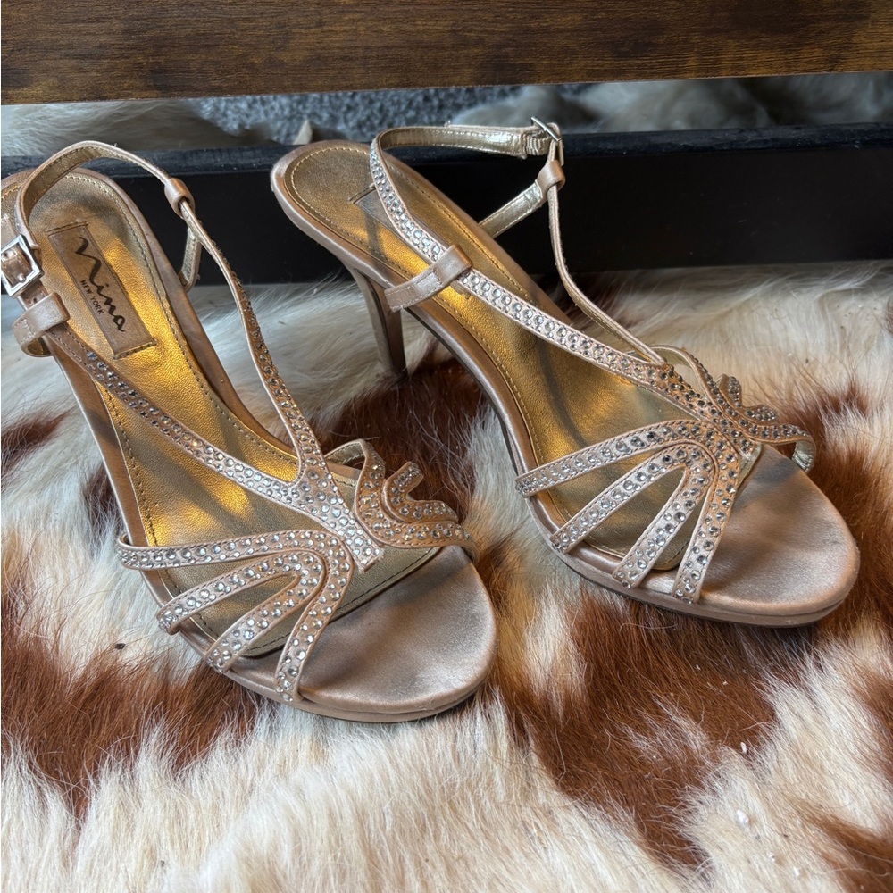 Nina Gold Rhinestone Strappy Heels